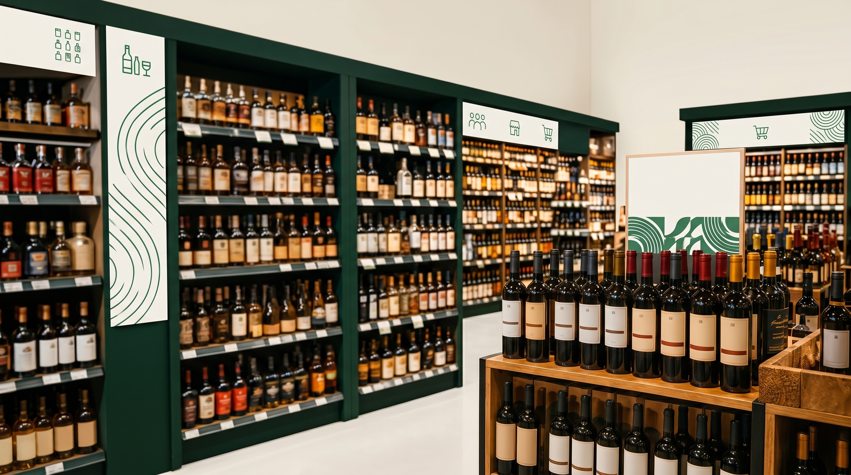 Editorial wide-angle photograph of a tidy supermarket-adjacent liquor section with shelved spirits, wine, and beer, warm-toned signage, no people or brand names.
